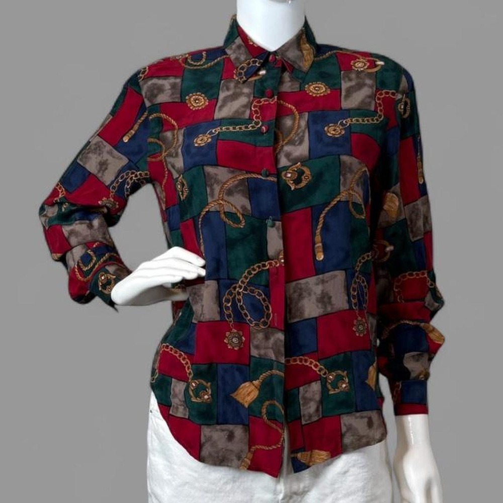 Vintage 90s Allison Taylor Silk Blouse S Gold Chain Baroque Colorblock Shirt